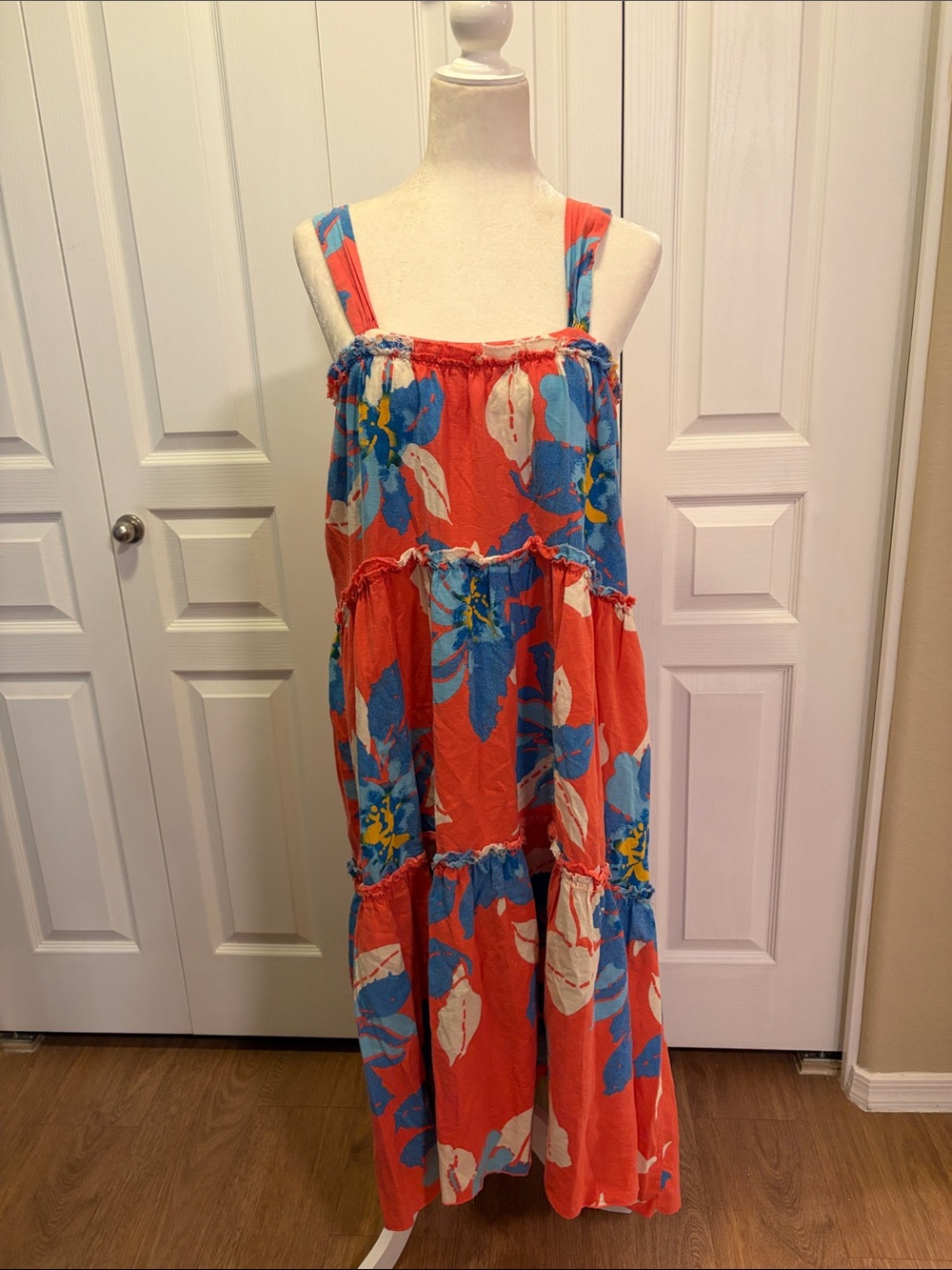 Free People linen Floral Tiered Sundress - Coral & Blue - Small